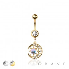 316L SURGICAL STEEL  CIRCULAR SHAPED MOONSTONE MOON & SUN DANGLE BELLY BUTTON NAVEL RING 